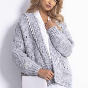 sweter kardigan oversize z ażurowym wzorem - szary