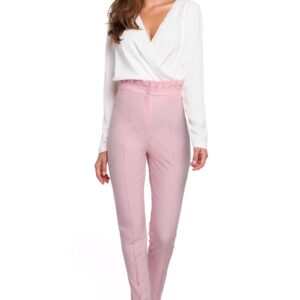 liliowe eleganckie spodnie w kant z falbanką w pasie